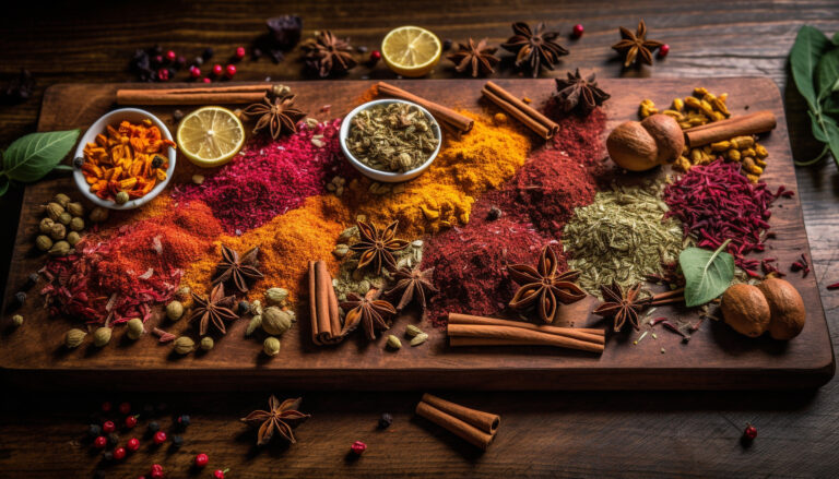 Close-up of assorted spices and herbs arranged on a wooden surface with small bowls.