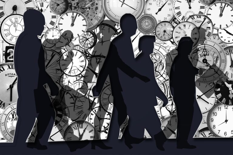 Black-and-white illustration of silhouetted figures overlaid with multiple clock faces.
