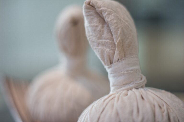 Herbal poultices wrapped in cloth for traditional therapy.