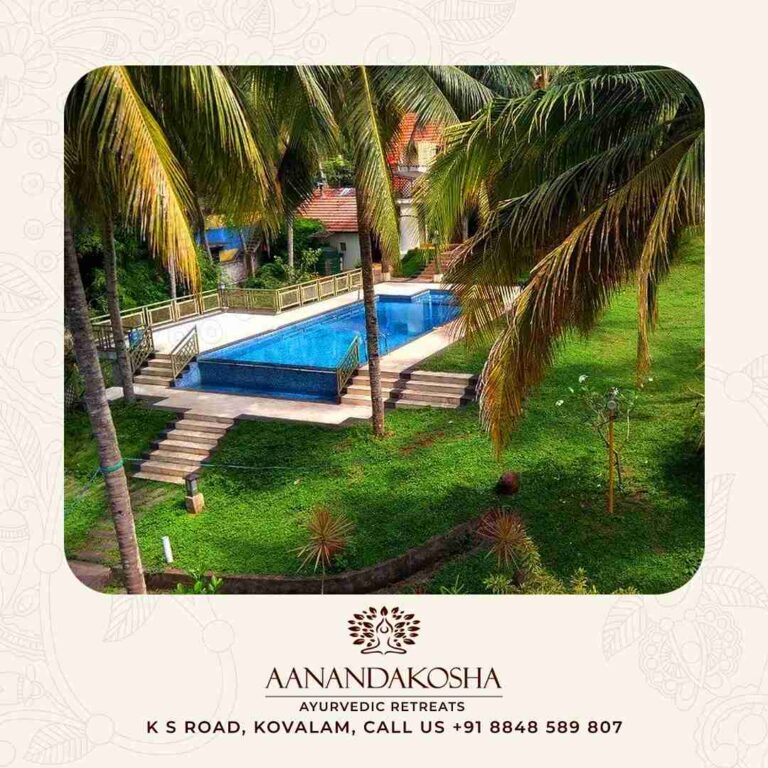 Swimming pool surrounded by palm trees at Anandakosha wellness retreat