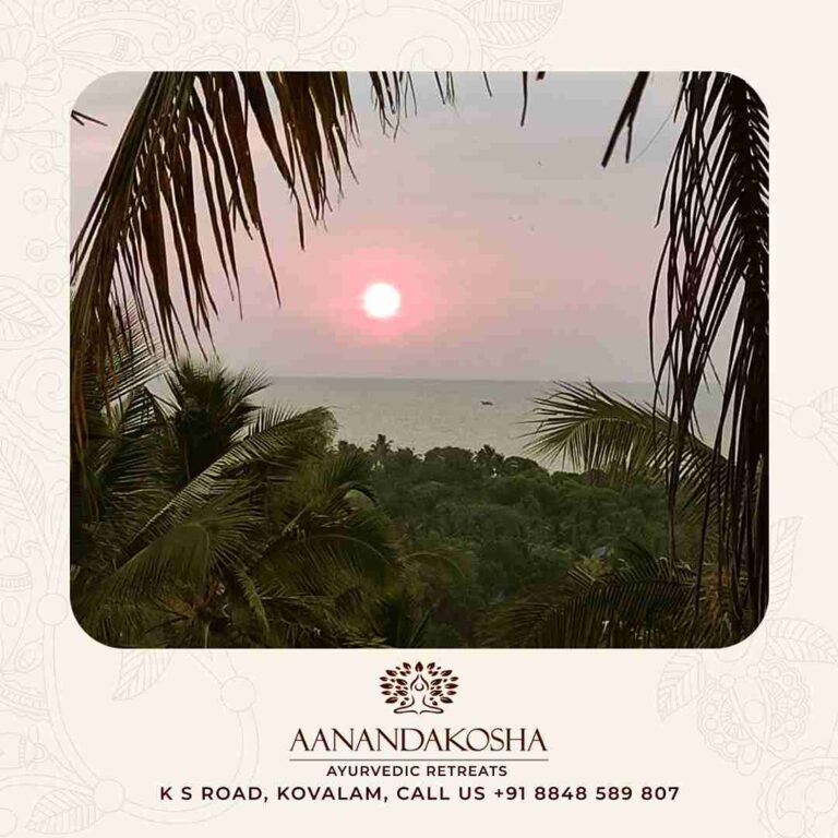 Sunrise view with palm trees and ocean at Anandakosha retreat