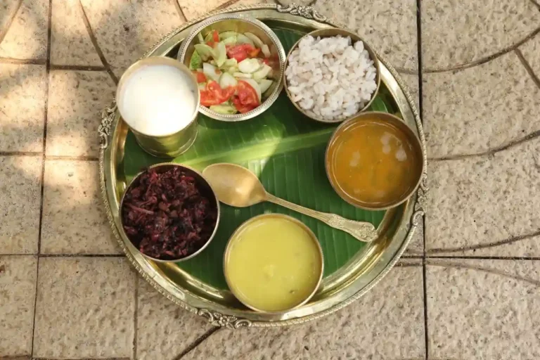 South Indian thali with rice, chutney, vegetables, and lentils
